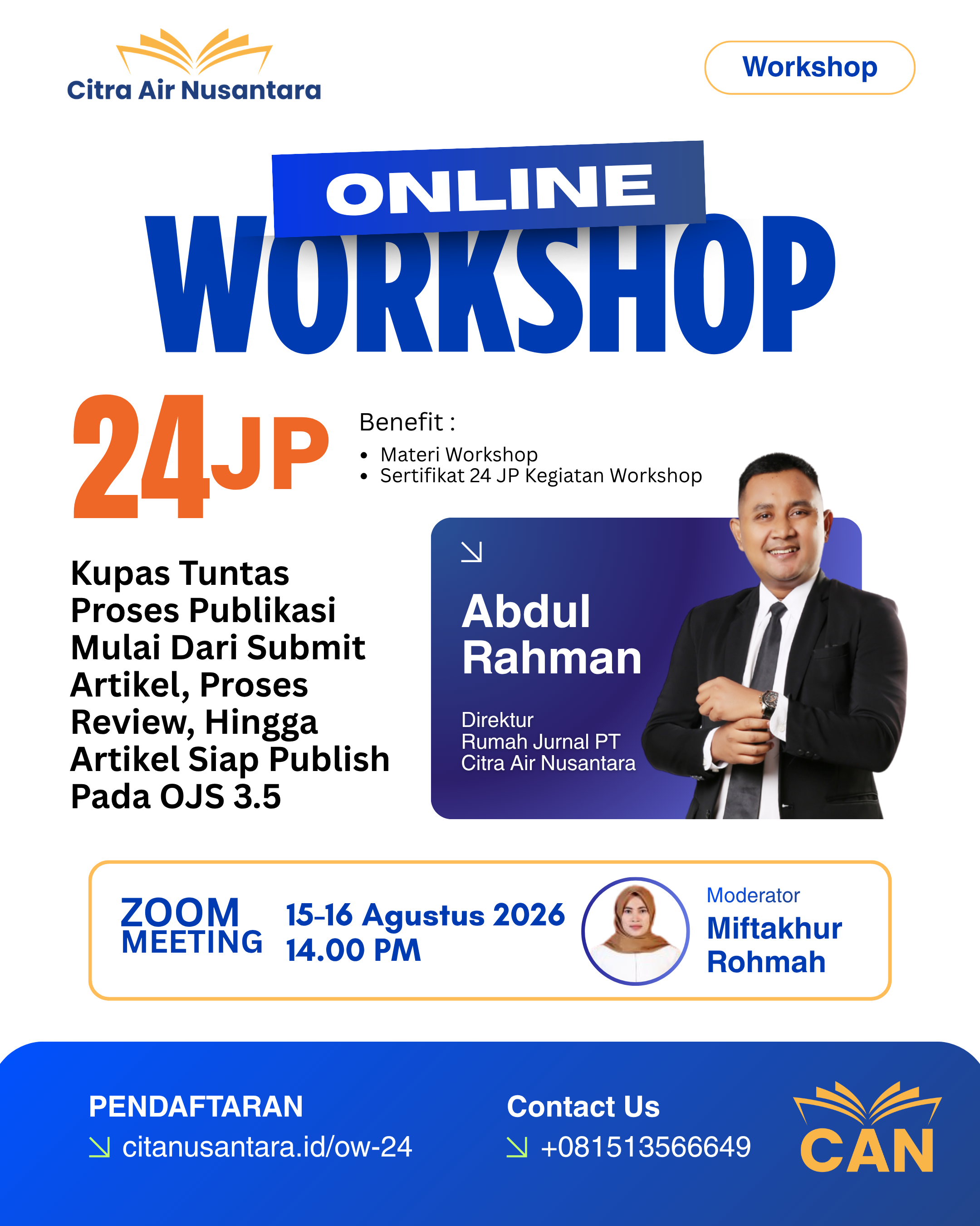 Online Workshop 24 JP: Kupas Tuntas Proses Publikasi Mulai Dari Submit Artikel, Proses Review, Hingga Artikel Siap Publish Pada OJS 3.5